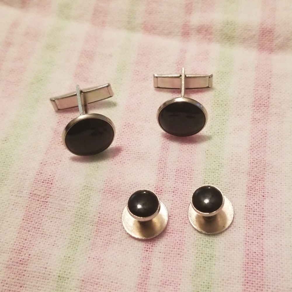 Black Circular Enamel Silver Studs & Cufflinks Set